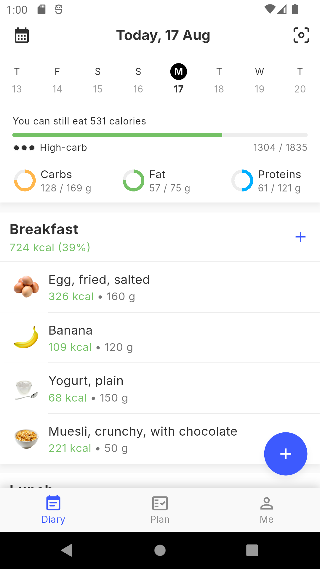 Siqo diary screen showing daily macros and logged meals