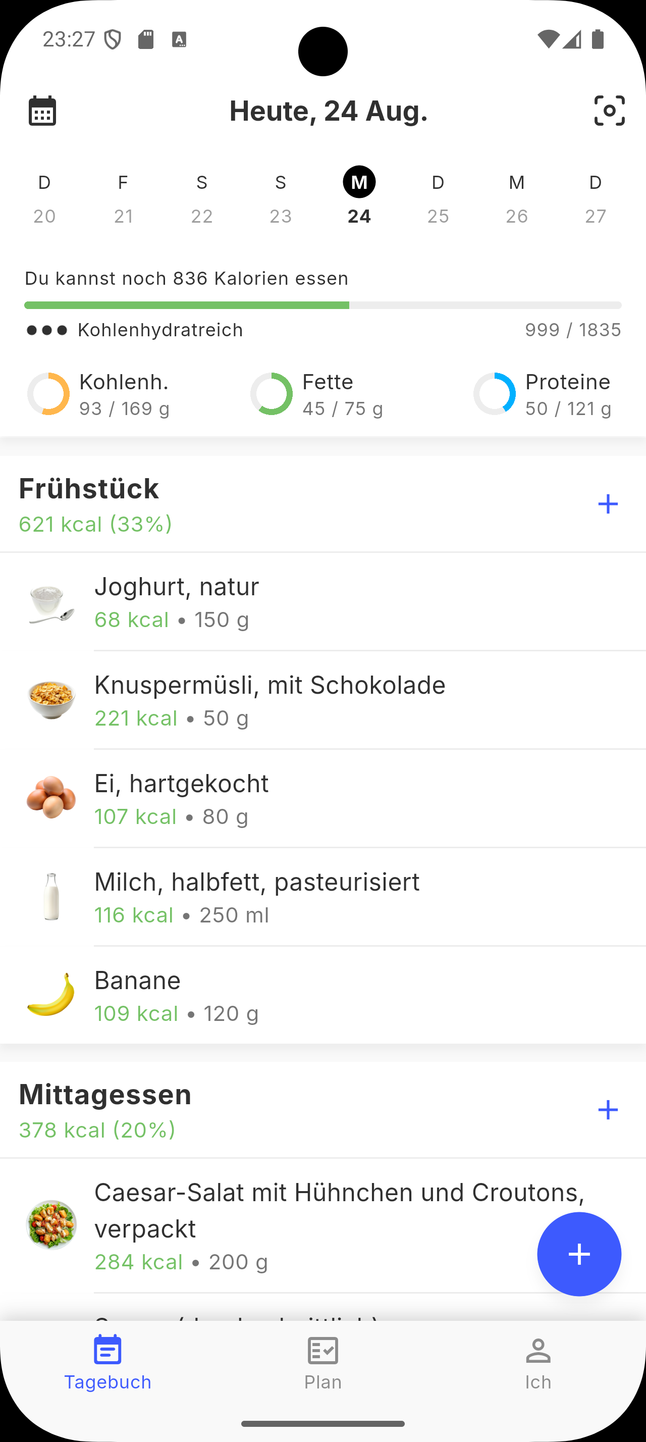 Siqo-Tagebuchbildschirm mit täglichen Makros und erfassten Mahlzeiten