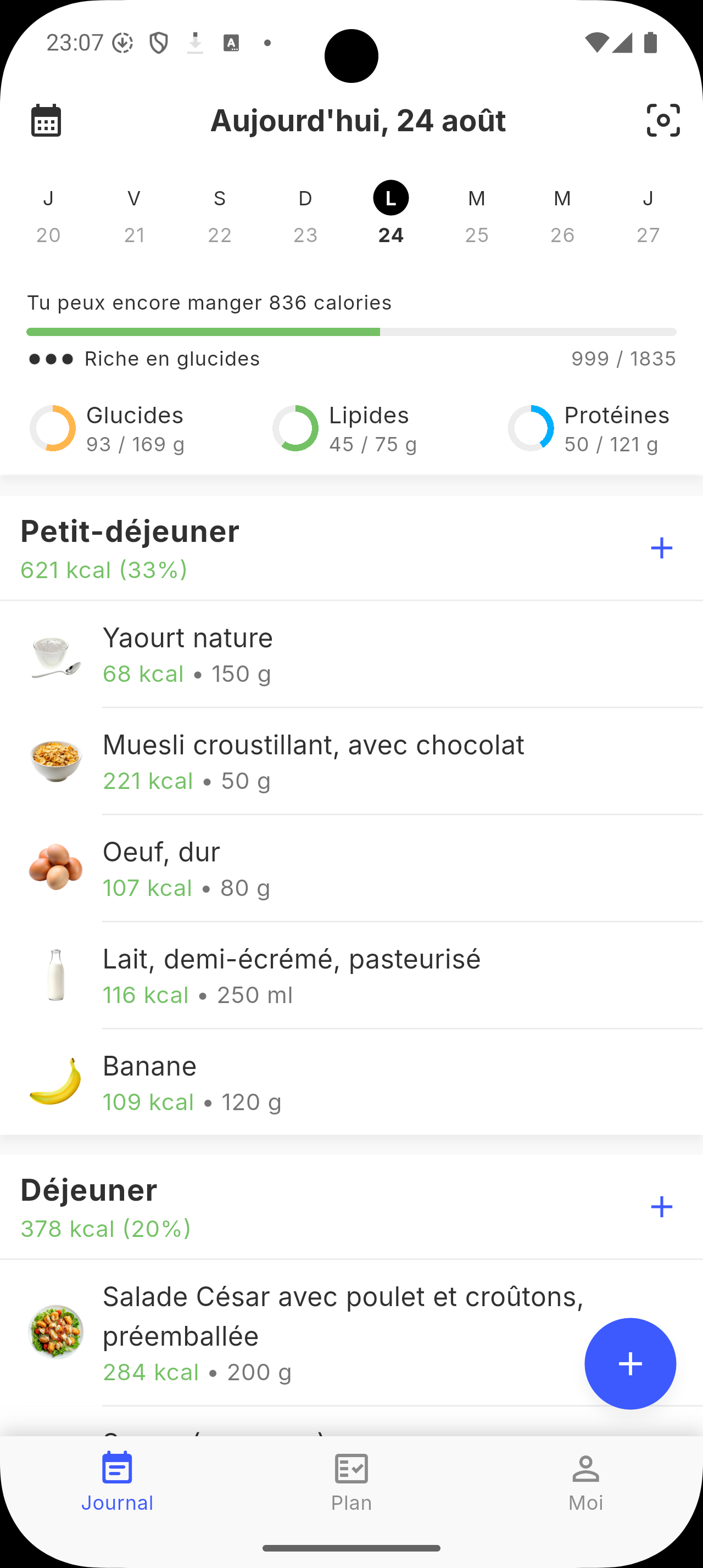 Écran journal de Siqo montrant les macros du jour et les repas enregistrés