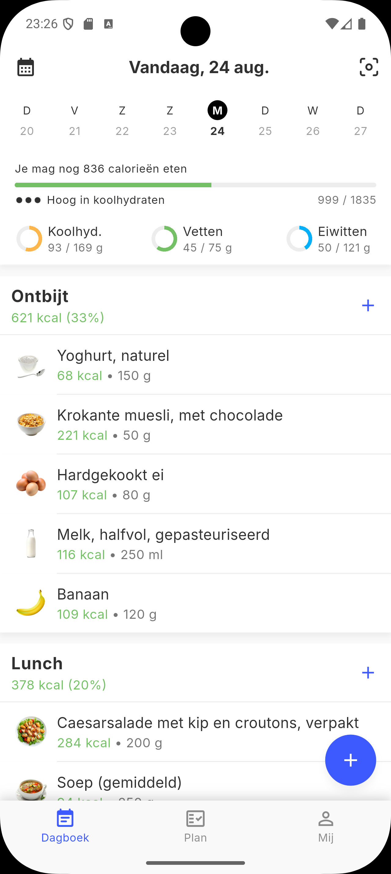 Siqo-dagboekscherm met dagelijkse macro's en gelogde maaltijden