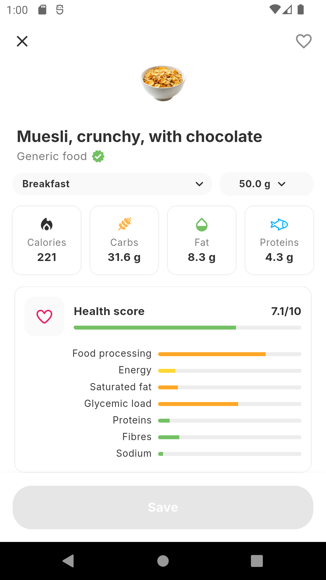 Siqo app showing a food's health score breakdown
