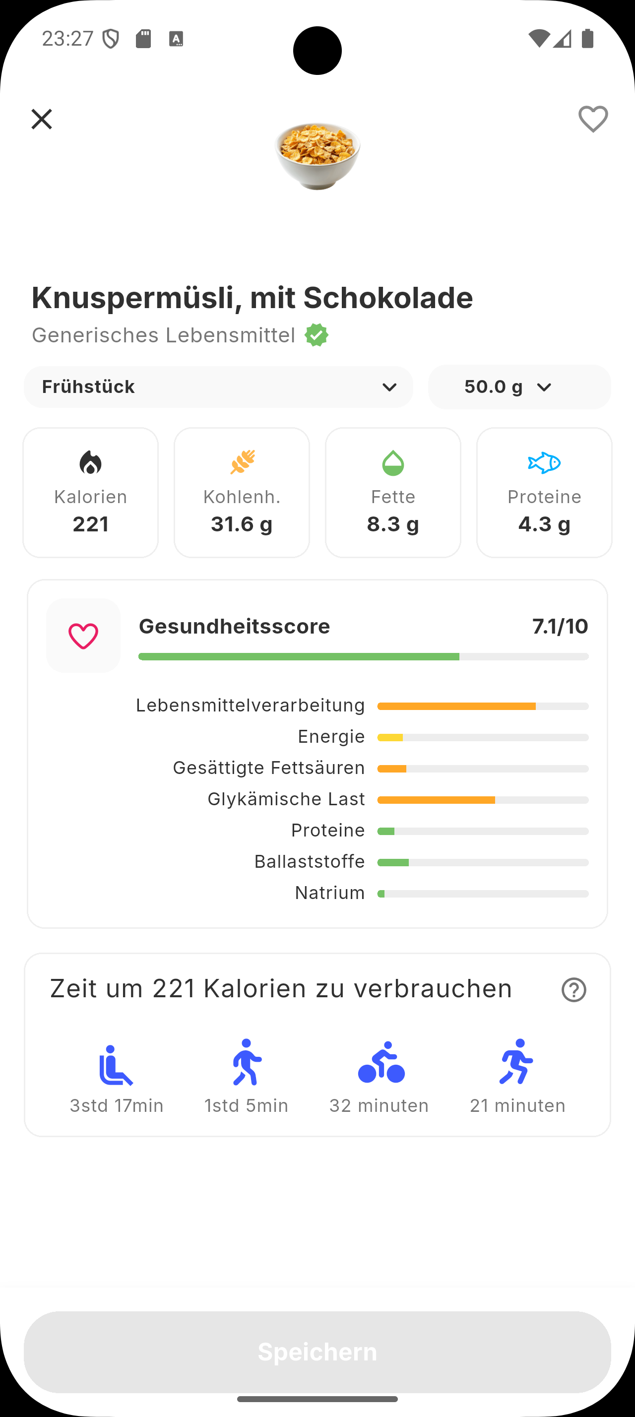 Siqo-App zeigt die Gesundheitsscore-Aufschlüsselung eines Lebensmittels