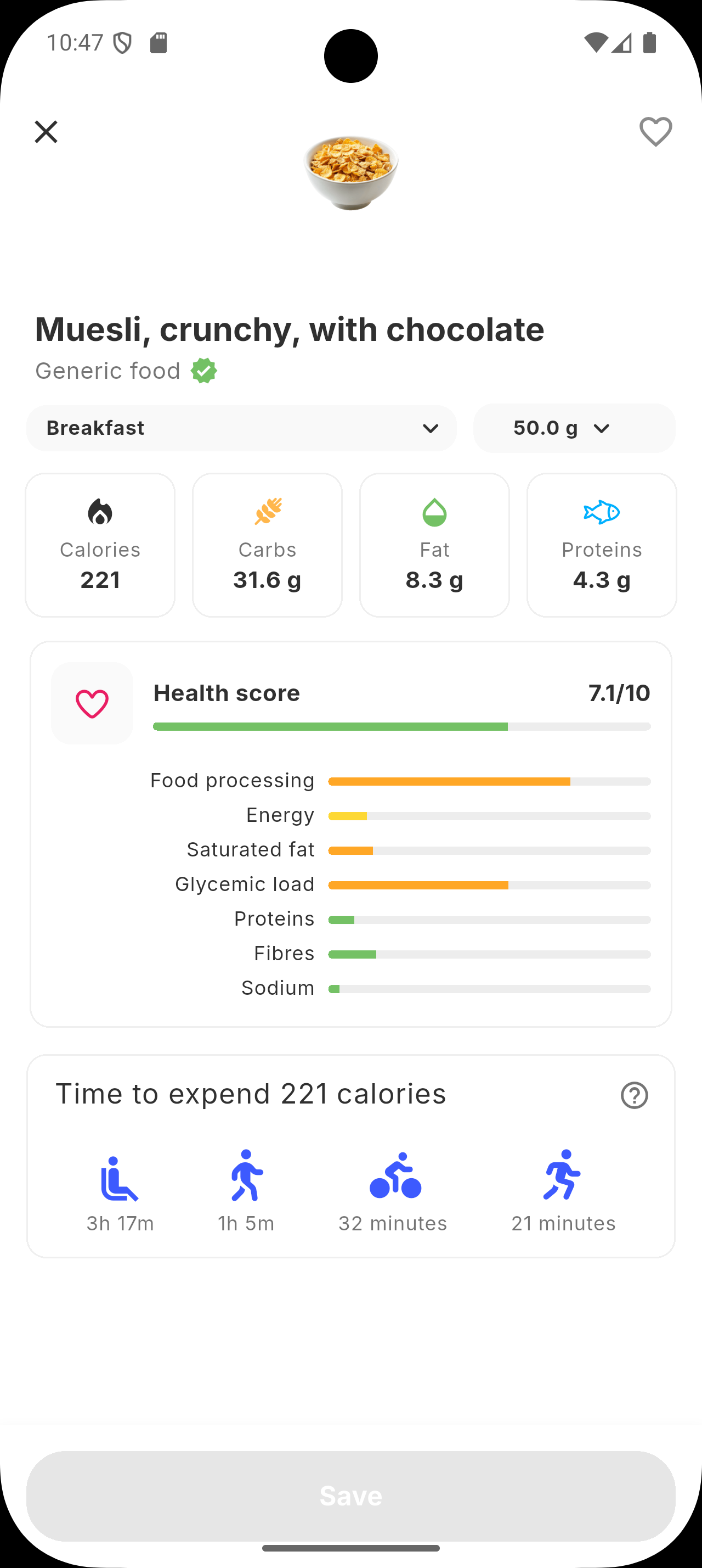 Siqo app showing a food's health score breakdown