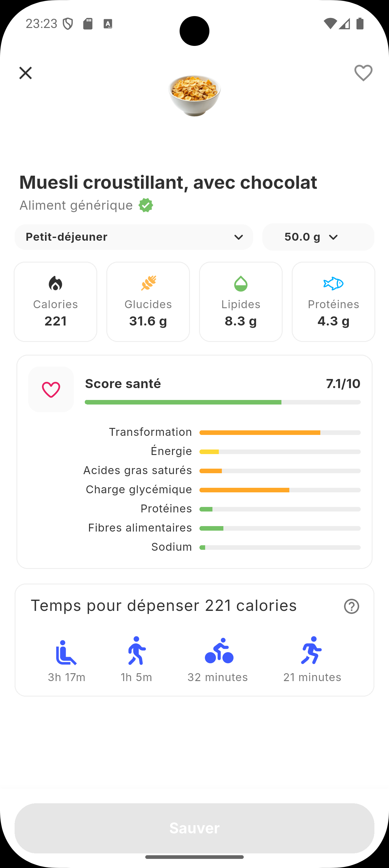 L'app Siqo affichant le détail du score santé d'un aliment
