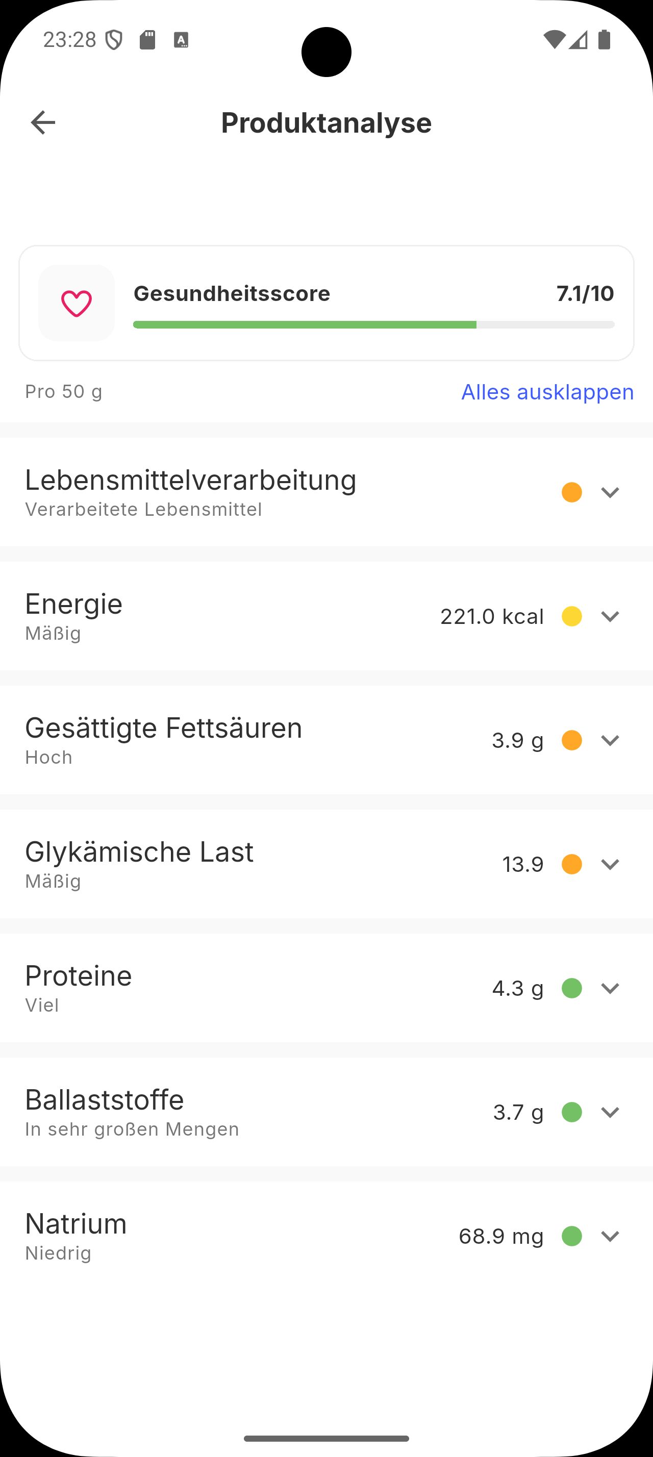 Gesundheitsscore innerhalb eines Tagebucheintrags angezeigt