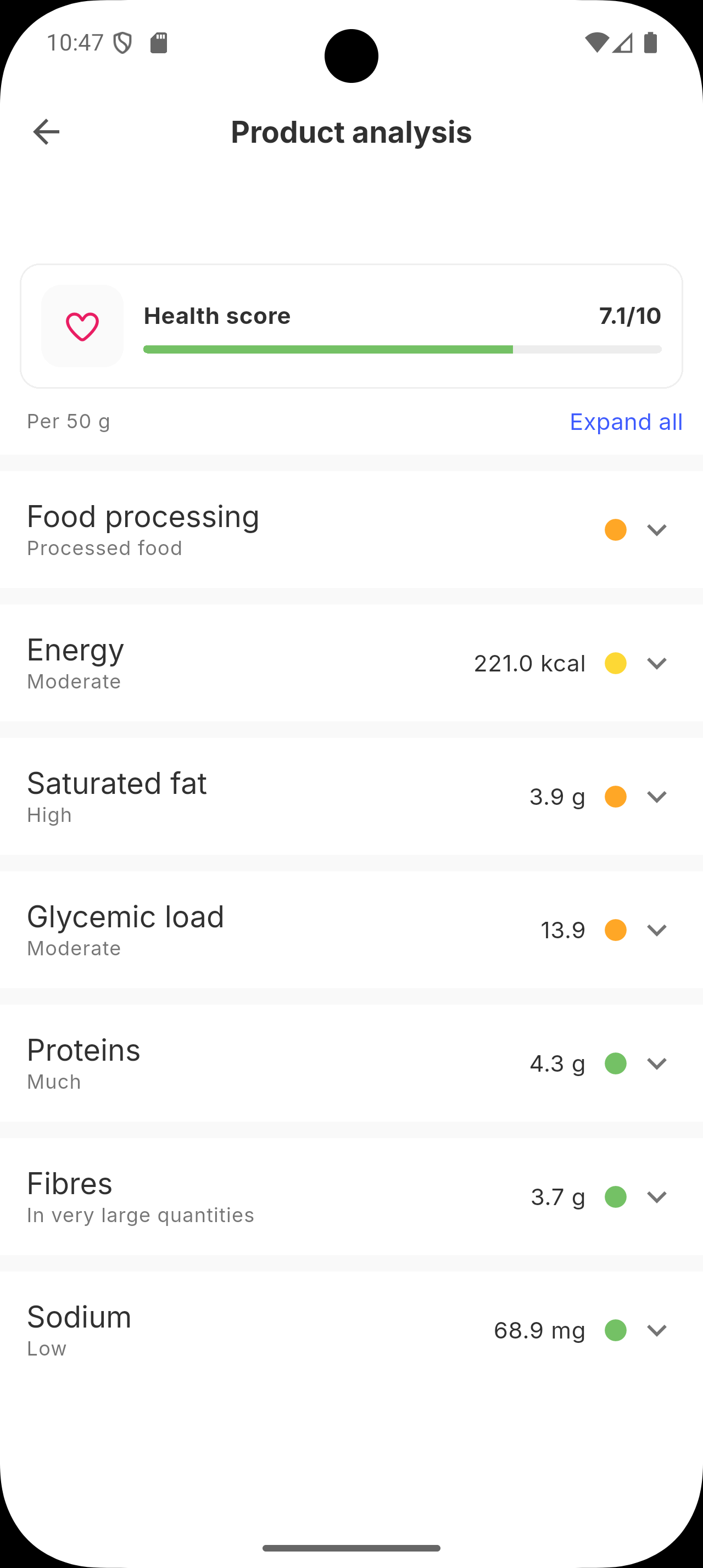 Health score shown inside a logged diary entry