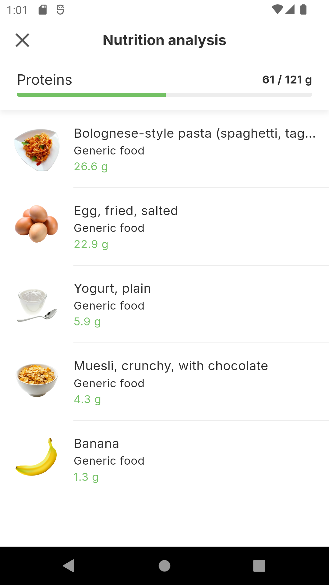 List of logged meals and portions in the Siqo diary