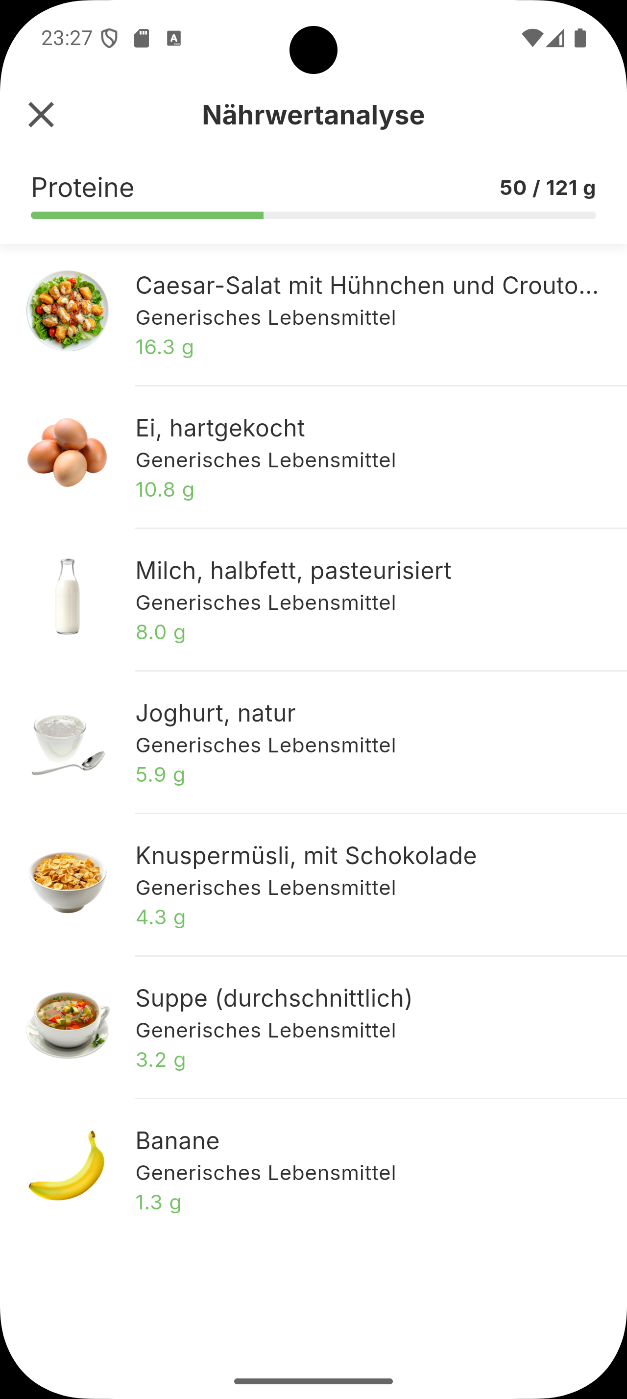 Liste erfasster Mahlzeiten und Portionen im Siqo-Tagebuch