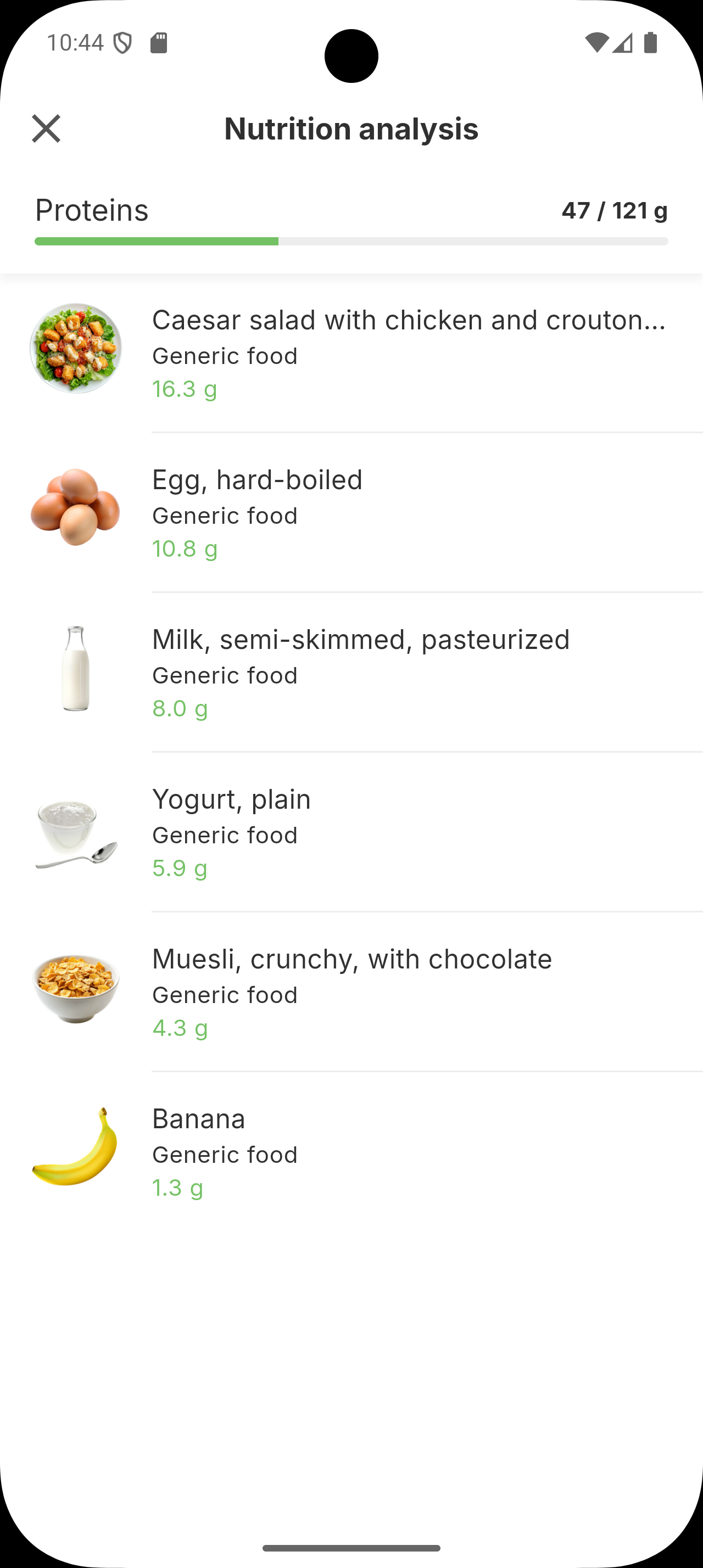 List of logged meals and portions in the Siqo diary