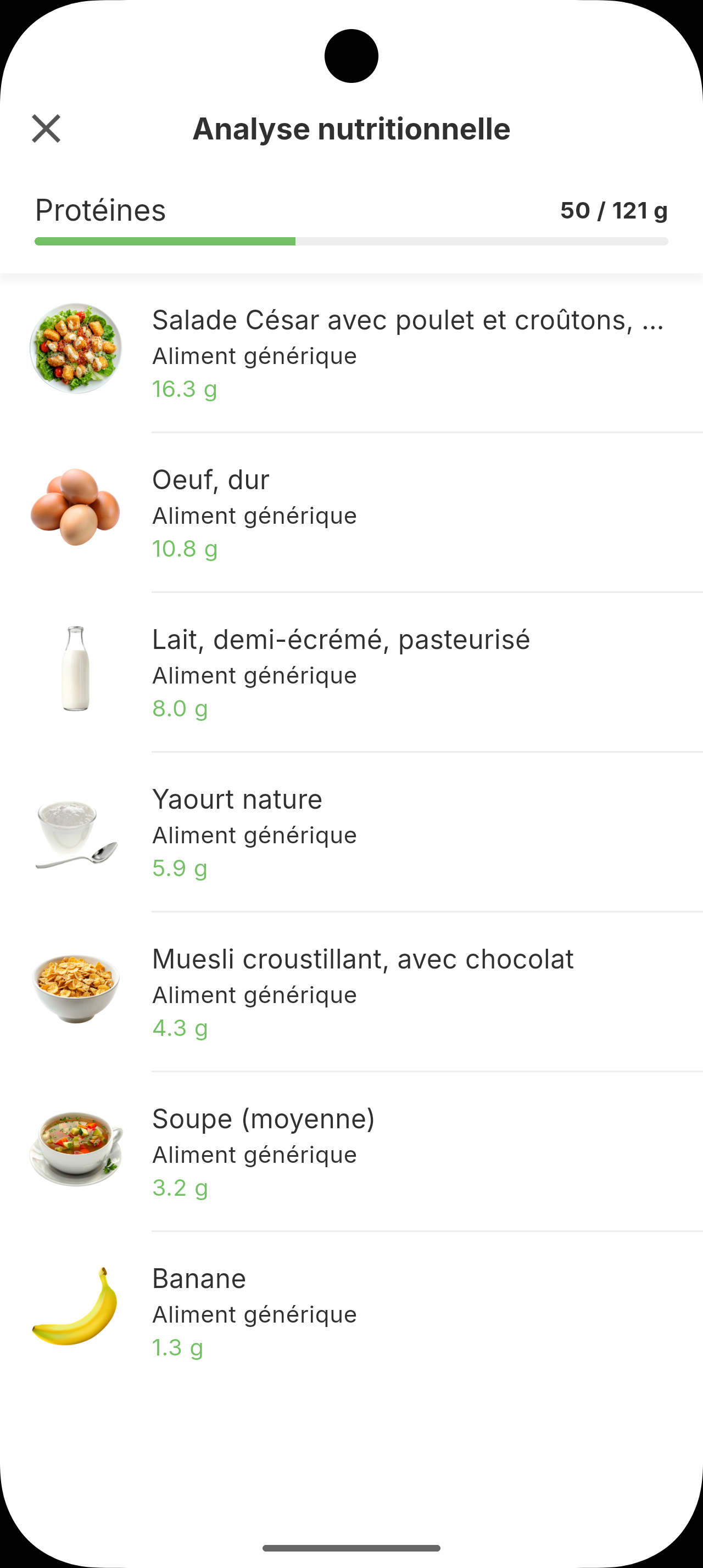 Liste des repas et portions enregistrés dans le journal Siqo