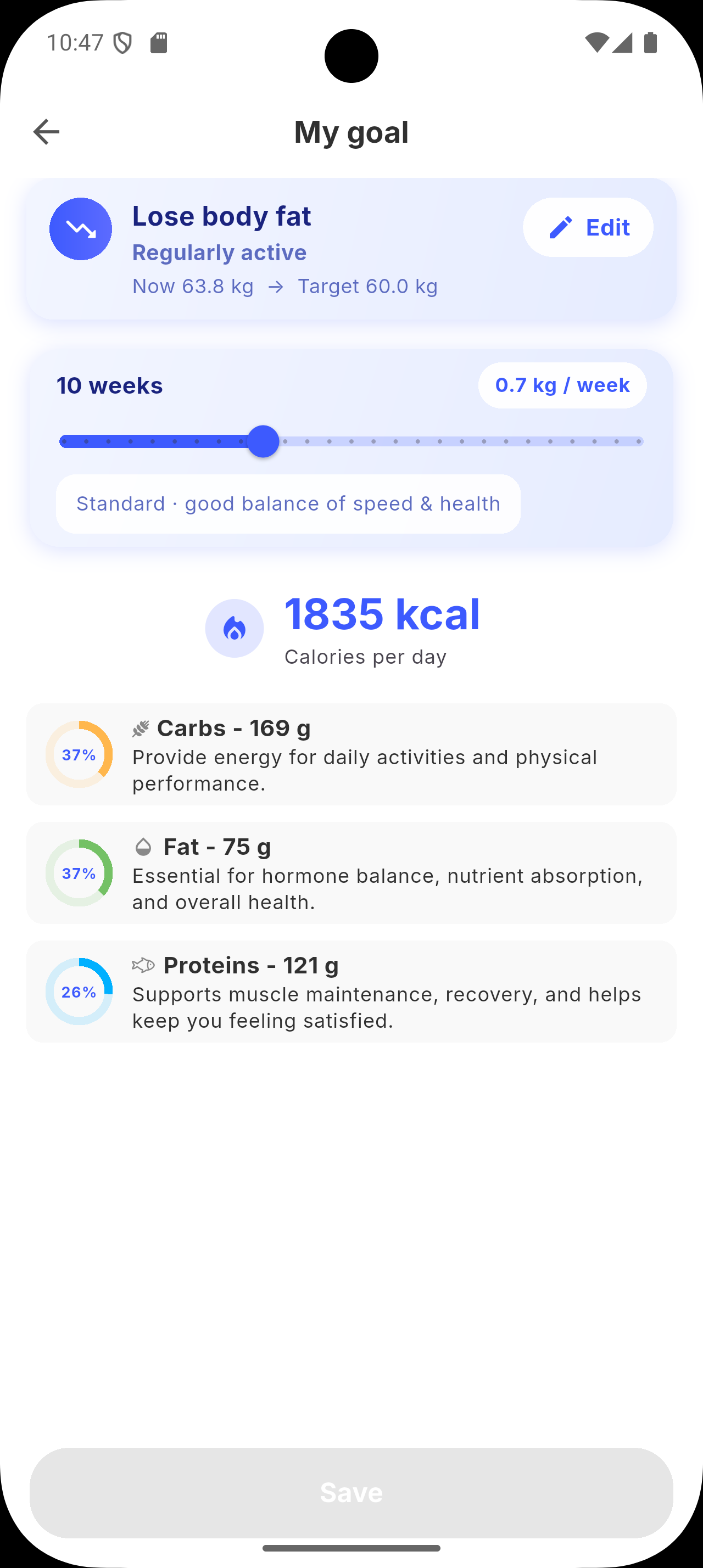 Siqo personalized calorie plan for the week