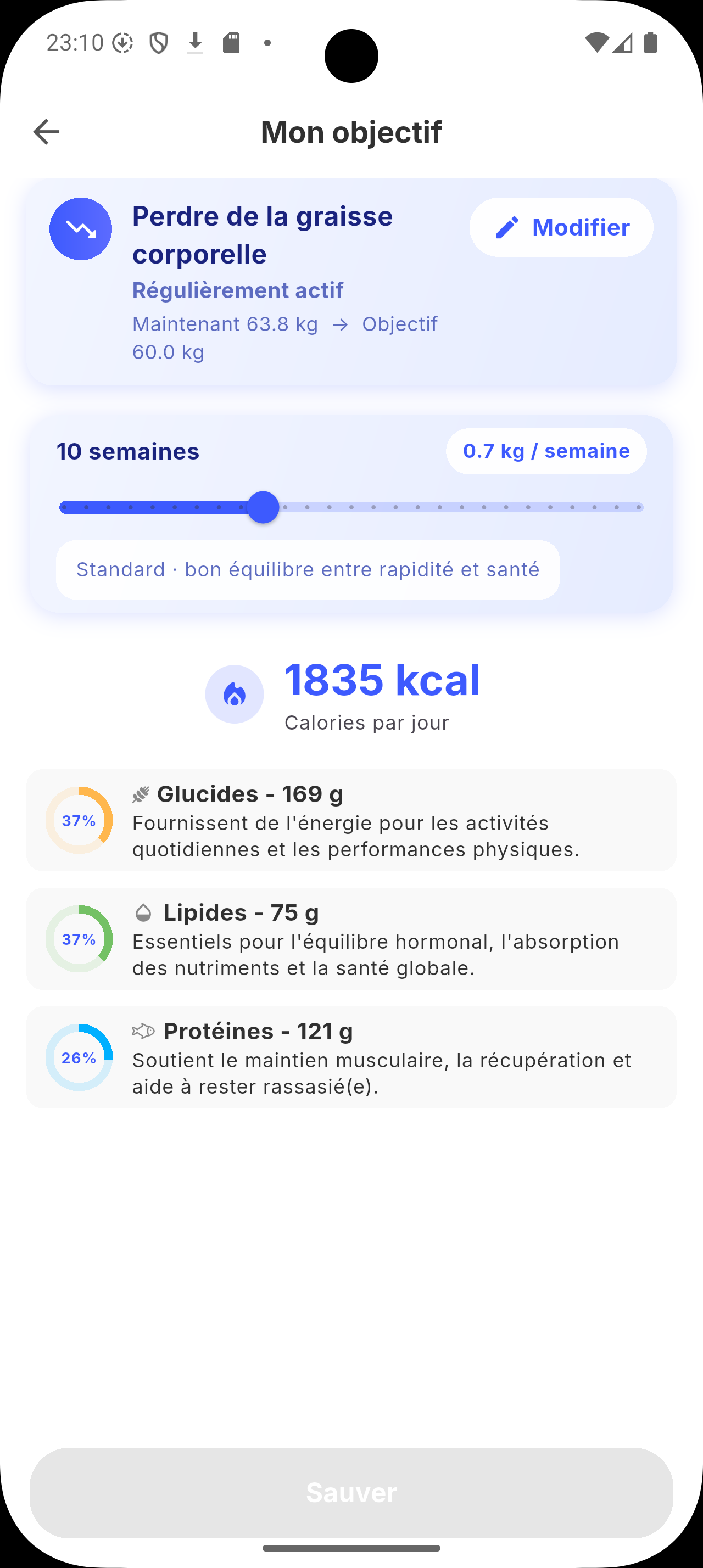 Plan calorique personnalisé de Siqo pour la semaine