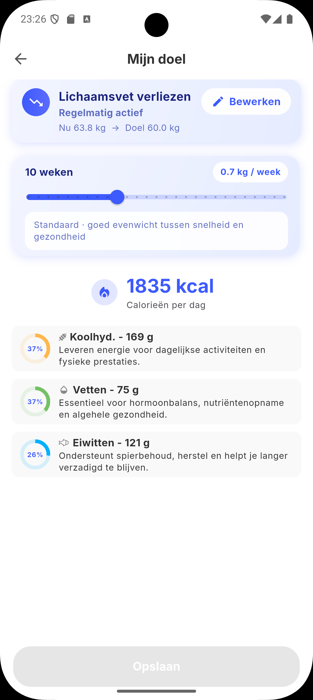 Persoonlijk calorieplan van Siqo voor de week